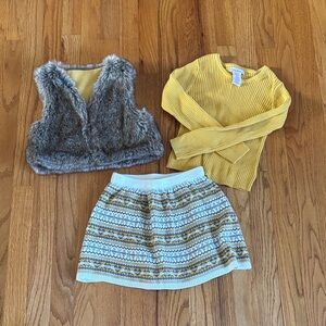 Yellow Sweater and Patterned Skirt Set with Faux Fur Vest